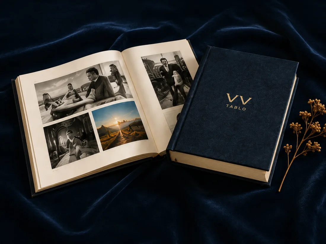 Açık VV albümü ve lacivert kapaklı VV TABLO fotoğraf kitabı