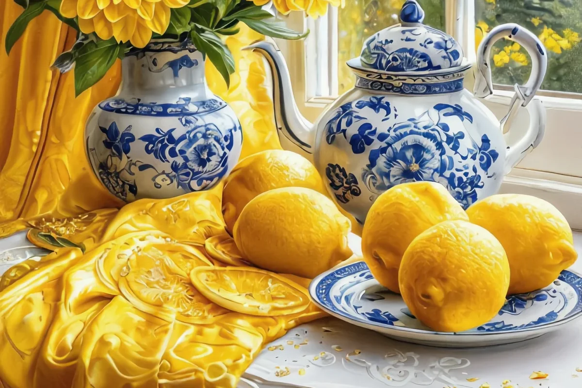 Mutfak Koleksiyonu — sarı örtülü pencere önünde mavi-beyaz porselen çaydanlık ve taze limonlar