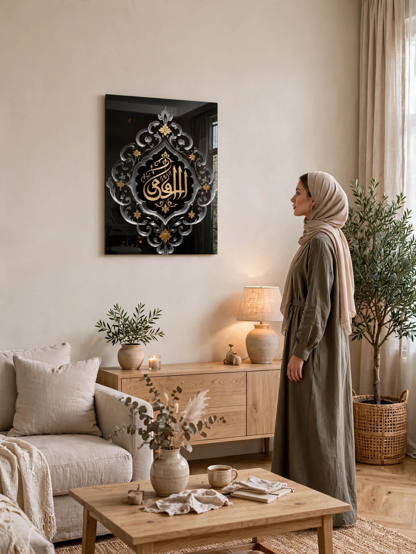 Cam sanat eserinin sergilendiği sıcak ve modern yaşam alanı