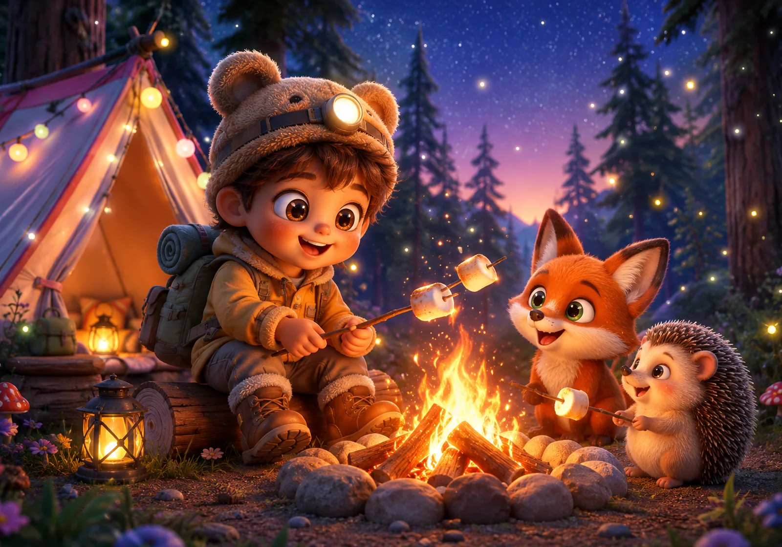 Kamp Ateşindeki Orman Dostları — Kids by Hi Mom cam tablo